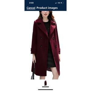 New! Women's Small Burgundy Mid Long Wool Pea Coat With Quilted Lining